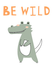 Cute crocodile card tile greeting Text Hello. Alligator cartoon for t-shirt, print, product, flyer, patch, fabric, textile, fashion, baby, kid, hand drawn style. vector illustration EPS