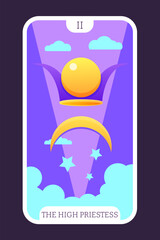The high priestess tarot cartoon flat card template major arcana. Taro vector illustration spiritual signs with esoteric magic and astrology symbols. Isolated colored graphic. Witchcraft concept EPS