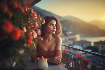 Beautiful young woman in a decollete top enjoying a romantic summer vacation evening at a street cafe with a bouquet of flowers, perfect for depicting love and happiness. Generative AI