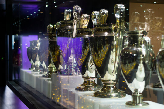 showcase of trophies won by real madrid football club inside santiago bernabeu stadium museum