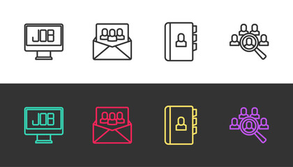 Set line Search job, Project team base, Resume and Magnifying glass for search on black and white. Vector