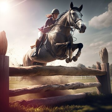 Ilustraci&oacute;n realista de una jinete montando a caballo