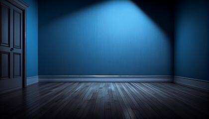 Blue empty wall and wooden floor with interesting light glare - Interior background for the presentation