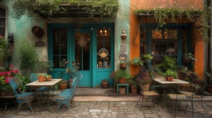 Bohemian and french style coffee house exterior, AI generated 