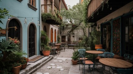 Obraz na płótnie Canvas Bohemian and french style coffee house exterior, AI generated 