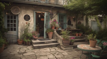 Classic and bohemian style French cafe exterior, AI generated