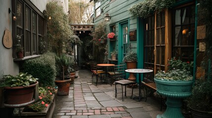 Fototapeta na wymiar Cozy french cafe exterior with green plants, AI generated