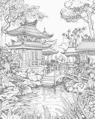 Illustration china house in forest coloring book for kids and adults black and white isolated on white background.