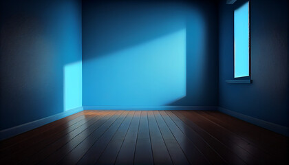 Blue empty wall and wooden floor with interesting light glare - Interior background for the presentation, ai generated