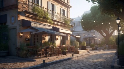 Cozy secret garden cafe with plants, AI generated
