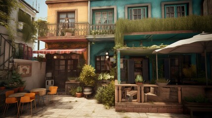 Fototapeta premium Classic and bohemian style French cafe exterior, AI generated