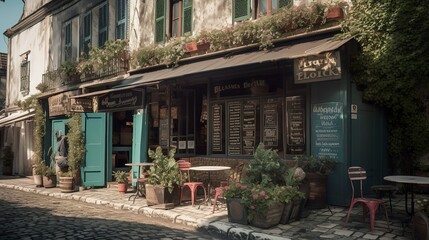 Turquoise bohemian-style coffee house exterior, AI generated 
