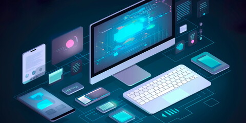 Cyber security concept. Vector illustration in neon style. The concept of protection of personal data.  Generative AI