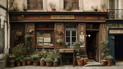Bohemian and french style coffee house exterior, AI generated 