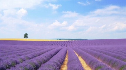 Obraz na płótnie Canvas a field of lavender flowers with a lone tree in the distance. generative ai