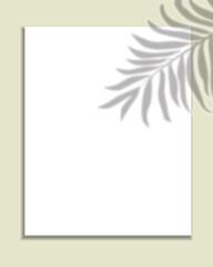 White vertical paper sheet with shadow overlay tropical leaf. Vertical business Card or wedding invitation mock up. Template Flyer, card, poster