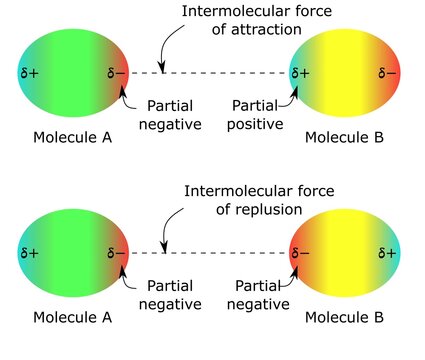 intermolecular force partial positive negative molecules hydrogen bonding interaction chemical structure color diagram physical chemistry physics