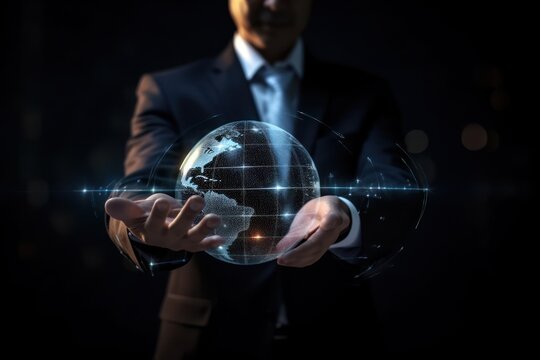 Businessman holding global network concept in his hand. Generative AI