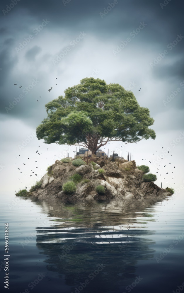 Poster tree on the island in the sea with a cloudy sky background. generative ai illustration