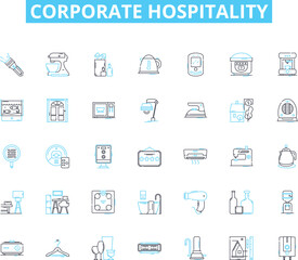 Corporate hospitality linear icons set. Nerking, VIP, Hospitality, Entertainment, Business, Event, Clientele line vector and concept signs. Corporate,Reception,Retreat outline illustrations