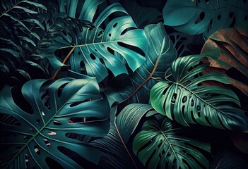 Obraz na płótnie Canvas Tropical green leaves background. Generative AI
