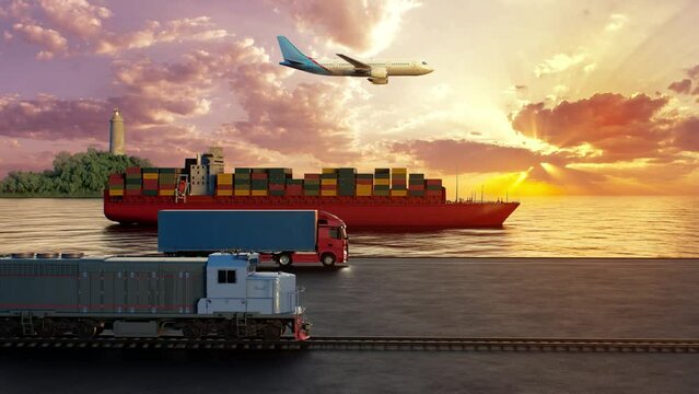 Loop transportation worldwide by ship, plane, train and truck. Concept of logistics. Looped video.