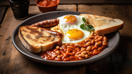 English breakfast with fried eggs, beans, sausages and toasts 