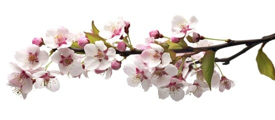 Cherry Blossoms on a Branch with White Background, Leaves, Spring, Japanese, Sakura, Realistic