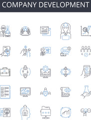 Company development line icons collection. Business growth, Corporate expansion, Enterprise advancement, Firm evolution, Commercial progress, Organization improvement, Company enhancement vector and