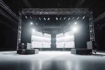 Spotlight on white stage with speaker and truss system. Generative AI - obrazy, fototapety, plakaty
