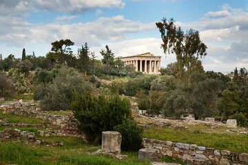 Temple of Hephaestus (Hephaisteion) in Agora of Athens, on top of the Agoraios Kolonos hill without people during sunny winter day 