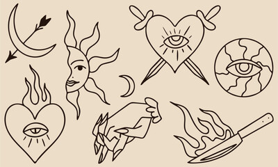 Fototapeta premium Set of contour stickers. Heart, knife, hands, crescent moon, sun. Design and print for t-shirts, bags, posters, invitations, cards, etc. Vector hand drawn illustration.