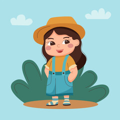 Character design - small girl at the nature in the flat style