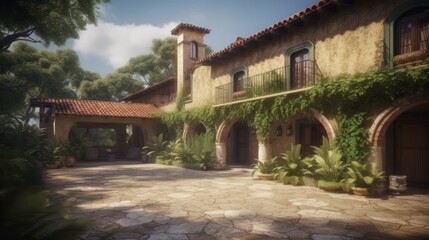 Fototapeta na wymiar Hacienda exterior house design in daytime golden hour generative ai