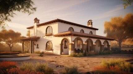 Hacienda exterior house design in daytime golden hour generative ai - obrazy, fototapety, plakaty