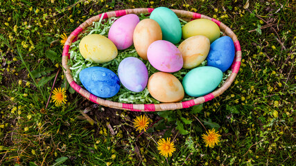 Colored Easter eggs in small basket outside on grass