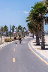 Fototapeta na wymiar Two women roller blading along cycle track at Jumeirah Wild public beach in Dubai UAE