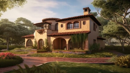 Obraz premium Hacienda exterior house design in daytime golden hour generative ai