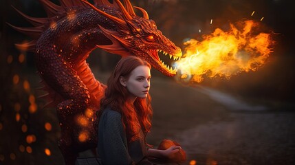 close up portrait of a woman with red fire dragon with flame , generative Ai - obrazy, fototapety, plakaty