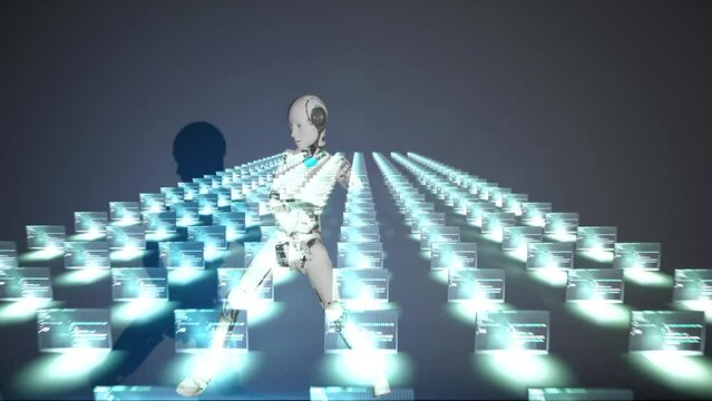 dancing robot chat bot happy with pc computer programming in background ai take human work