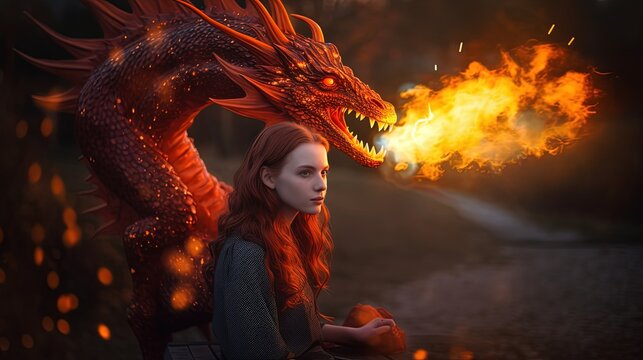close up portrait of a woman with red fire dragon with flame , generative Ai
