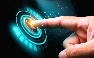 Finger pressing virtual button with future technology concept on dark background.