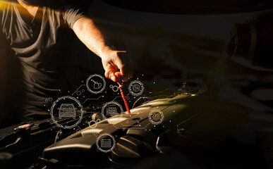 Car mechanic working in auto repair service and maintenance icon. Car service and maintenance concept.double exposure.