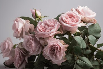 A bouquet of pink roses on a white background. Generative AI
