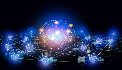 Conceptual background image with social connection lines and icons in cityscape at night time, networking and business technologies concept.