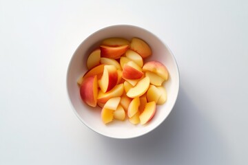 Fresh peach slices, pieces in a white bowl. Ingredients for juice, salad, dishes, cuisine.