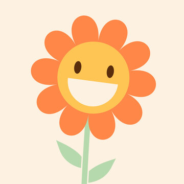 Cartoon Cute Groovy Flower Orange Flower Character. 60s. 70s hippie sticker or social media y2k, retro, vintage, y2k psychedelic mascot (Full Vector)