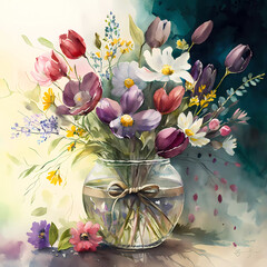 Watercolor floral bouquet in a glass vase.  Colorful wildflowers for summer display.  