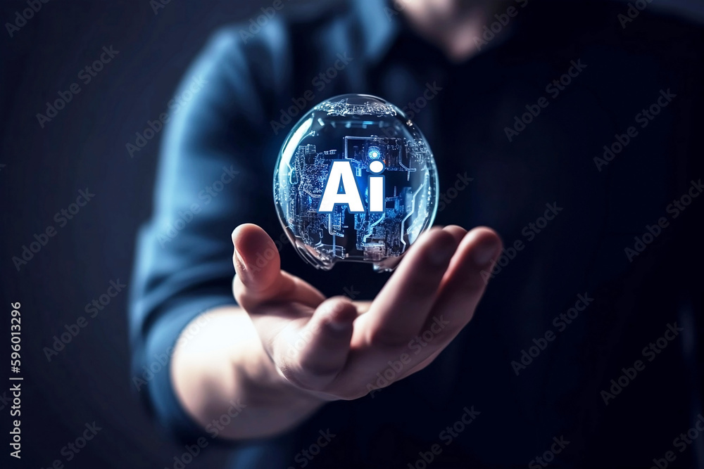 Poster man holding digital object in hands with abstract digital images. ai concept