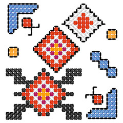 Traditional geometric ornament of triangles, squares, rhombuses and a stylized ladybug, a beetle, an ornament of Ukrainian embroidery with a cross, a charm, for the design of women's and men's clothin